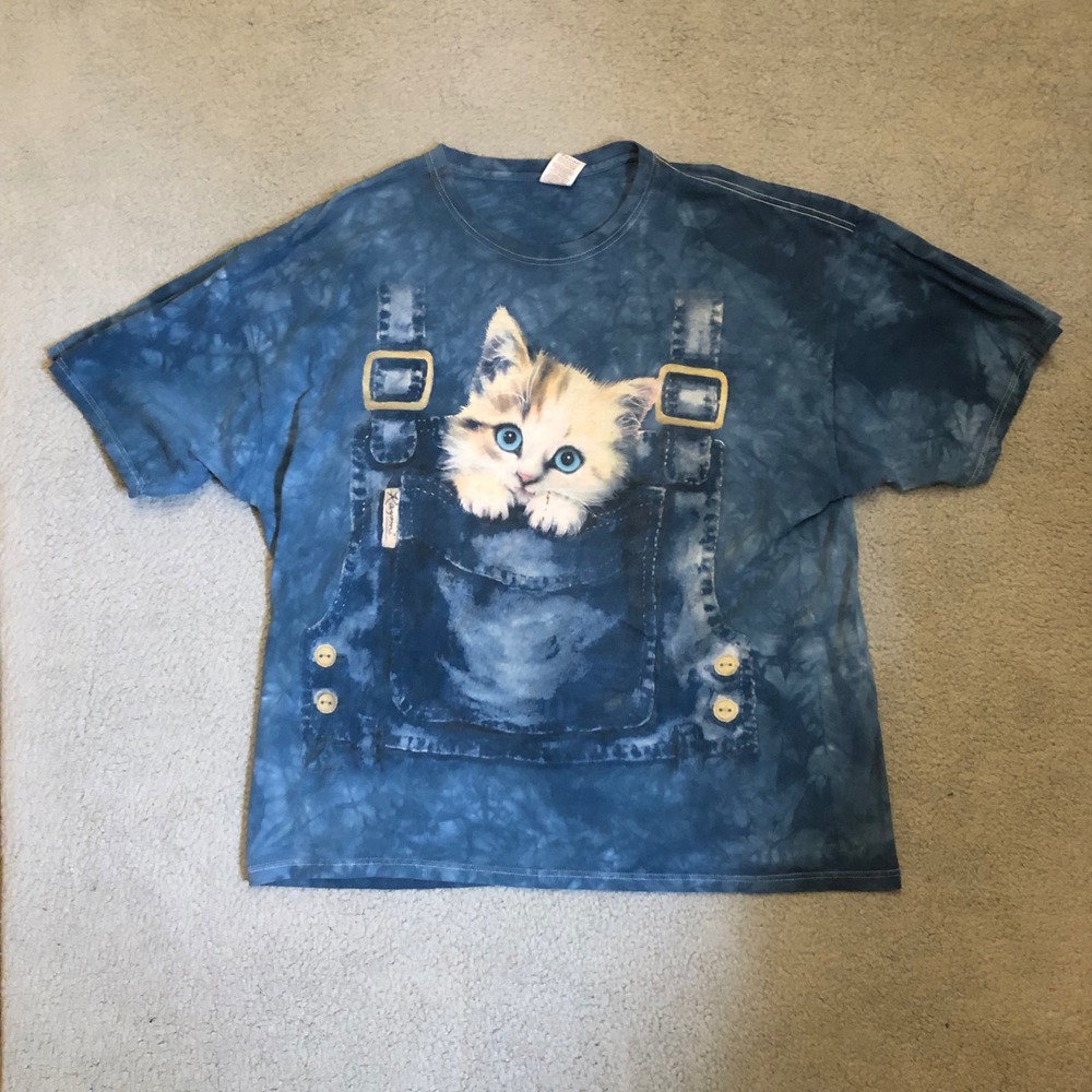 Vtg Kitten in Overalls Acid Wash T-Shirt Jerzees High Cotton 3XL Blue